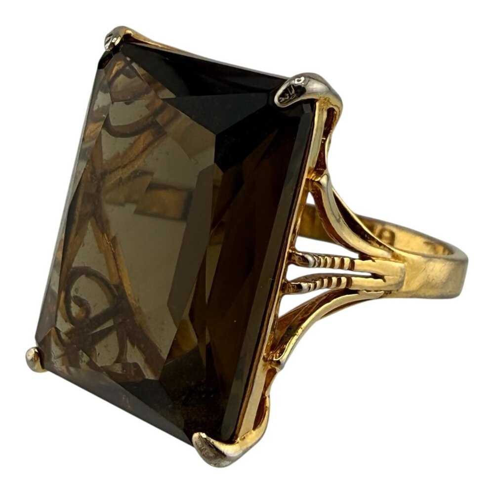 Womens Ring Size 8.5 Smoky Quartz 18K Gold Plated Filigree Faceted Rectangular - Picture 7 of 14